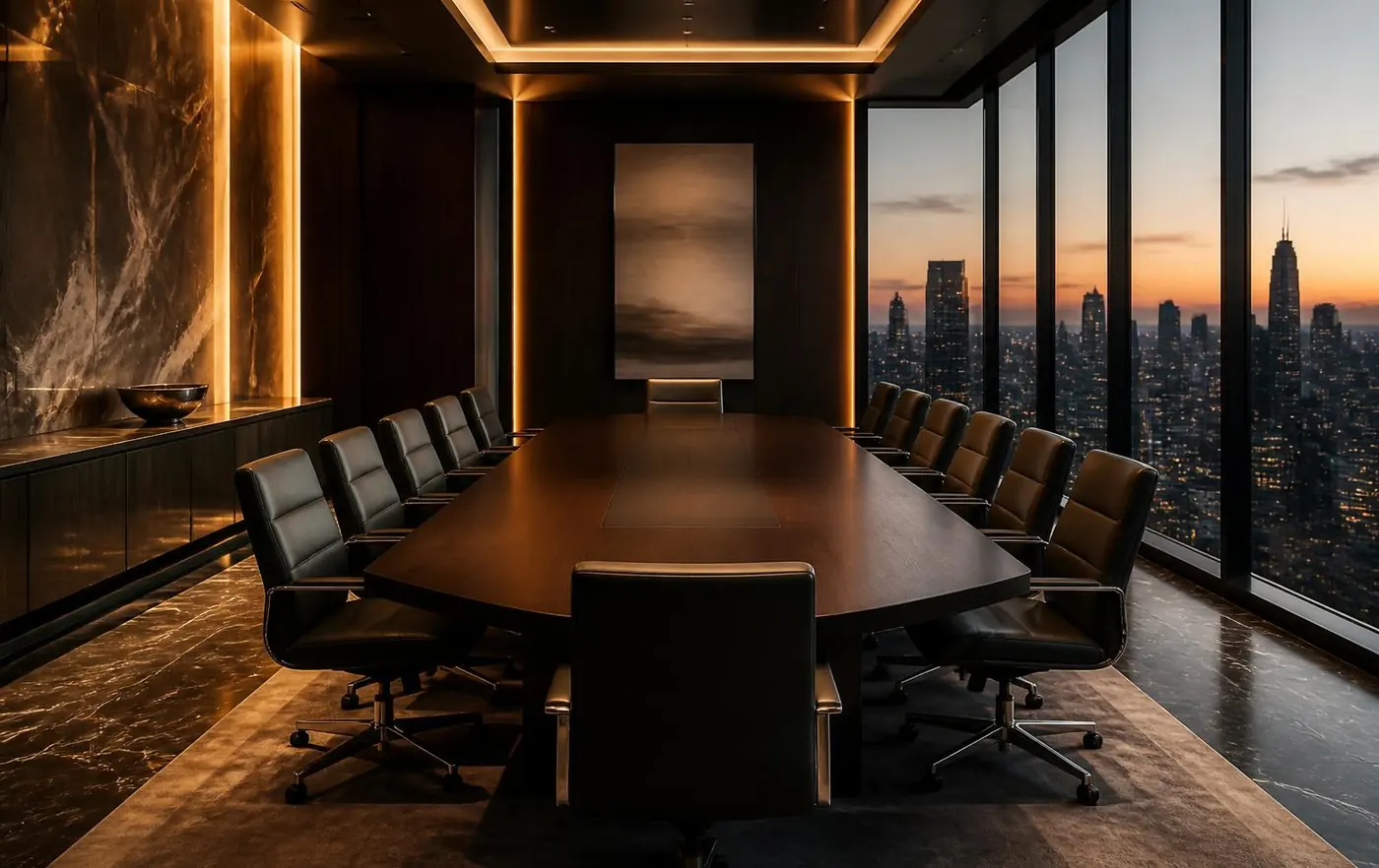 Executive boardroom table overlooking a city skyline